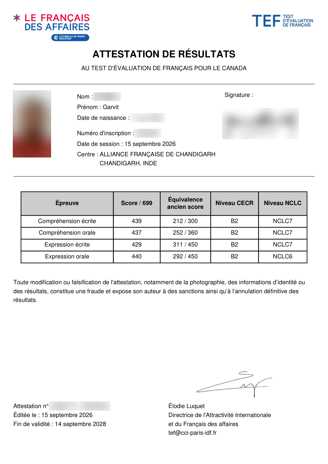 TEF Canada results certificate (attestation de résultats) showing NCLC 7 in reading, listening and writing and NCLC 6 in speaking, with the attestation number at the bottom left: the certificate number before the hyphen and the PIN after it