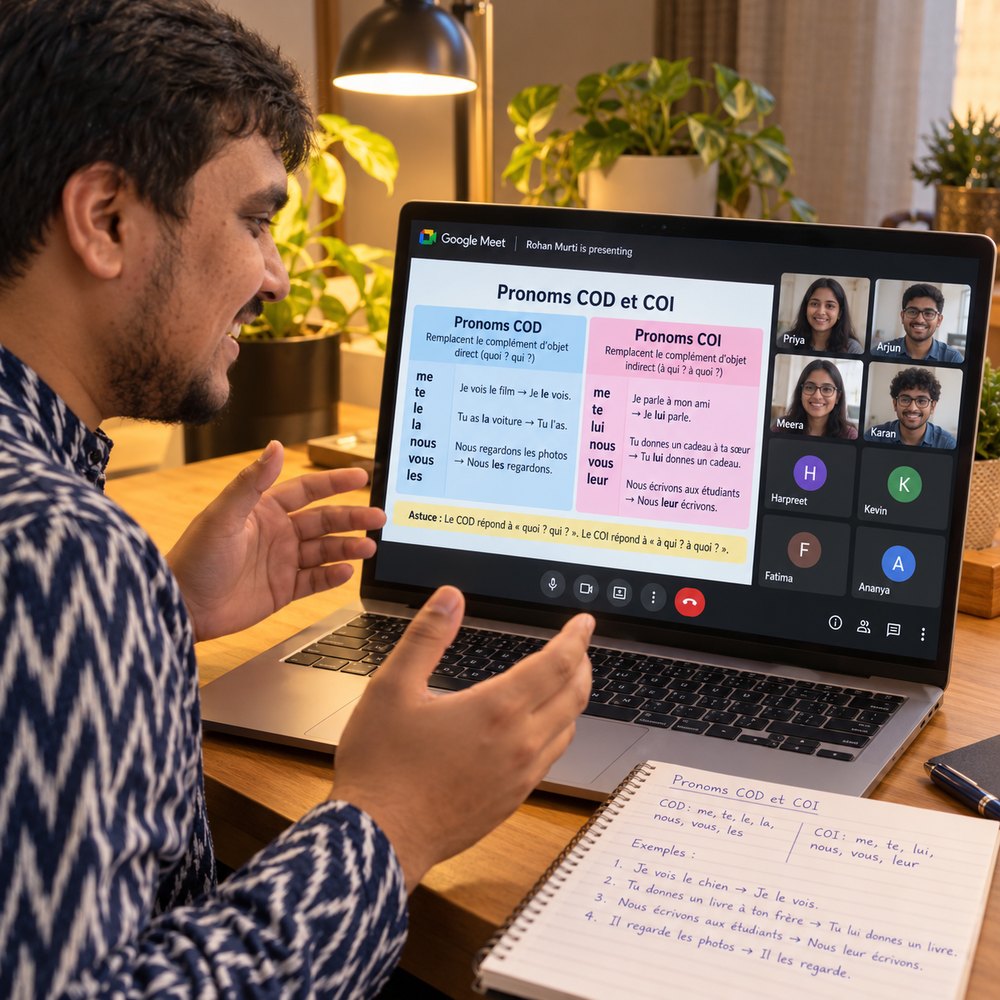 Rohan teaching a live French class to a small batch on Google Meet